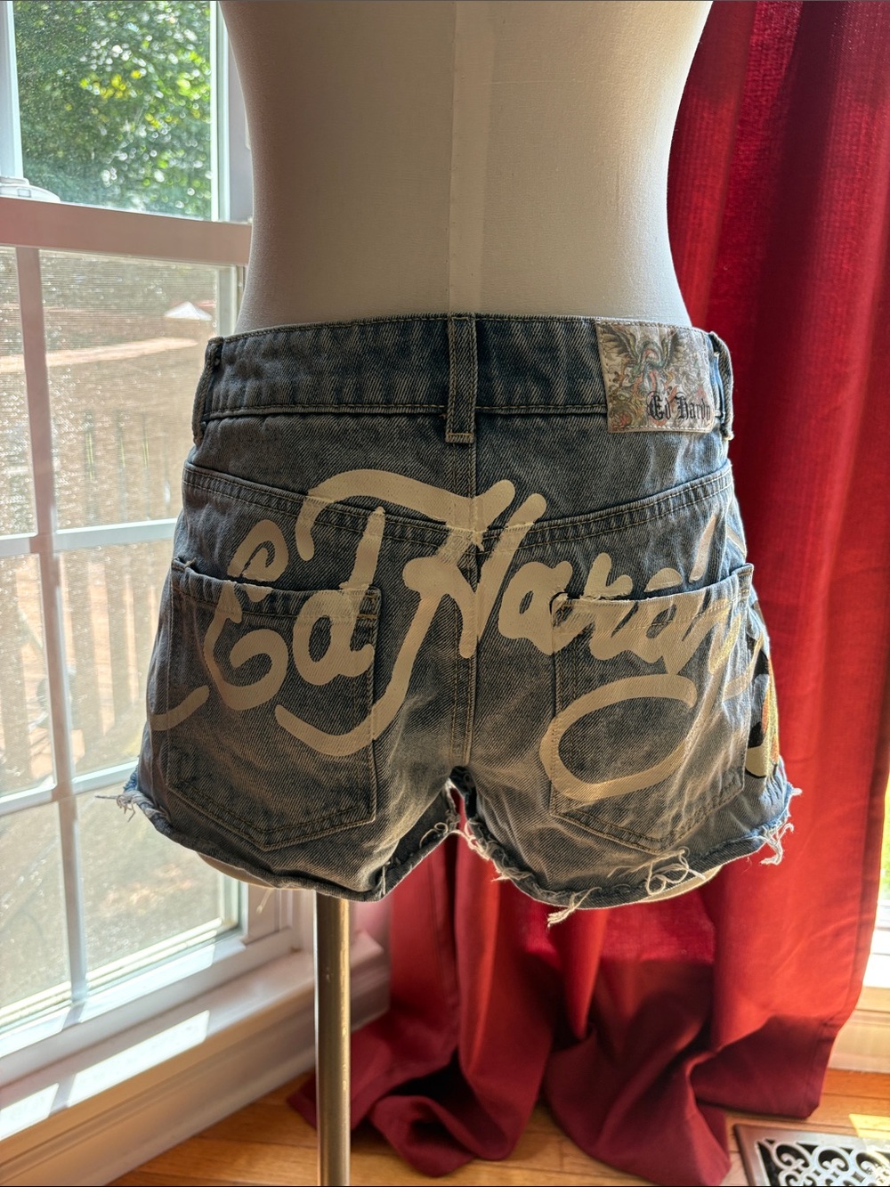 Ed Hardy Blue Denim Script Logo Cutoff Shorts, NWOT